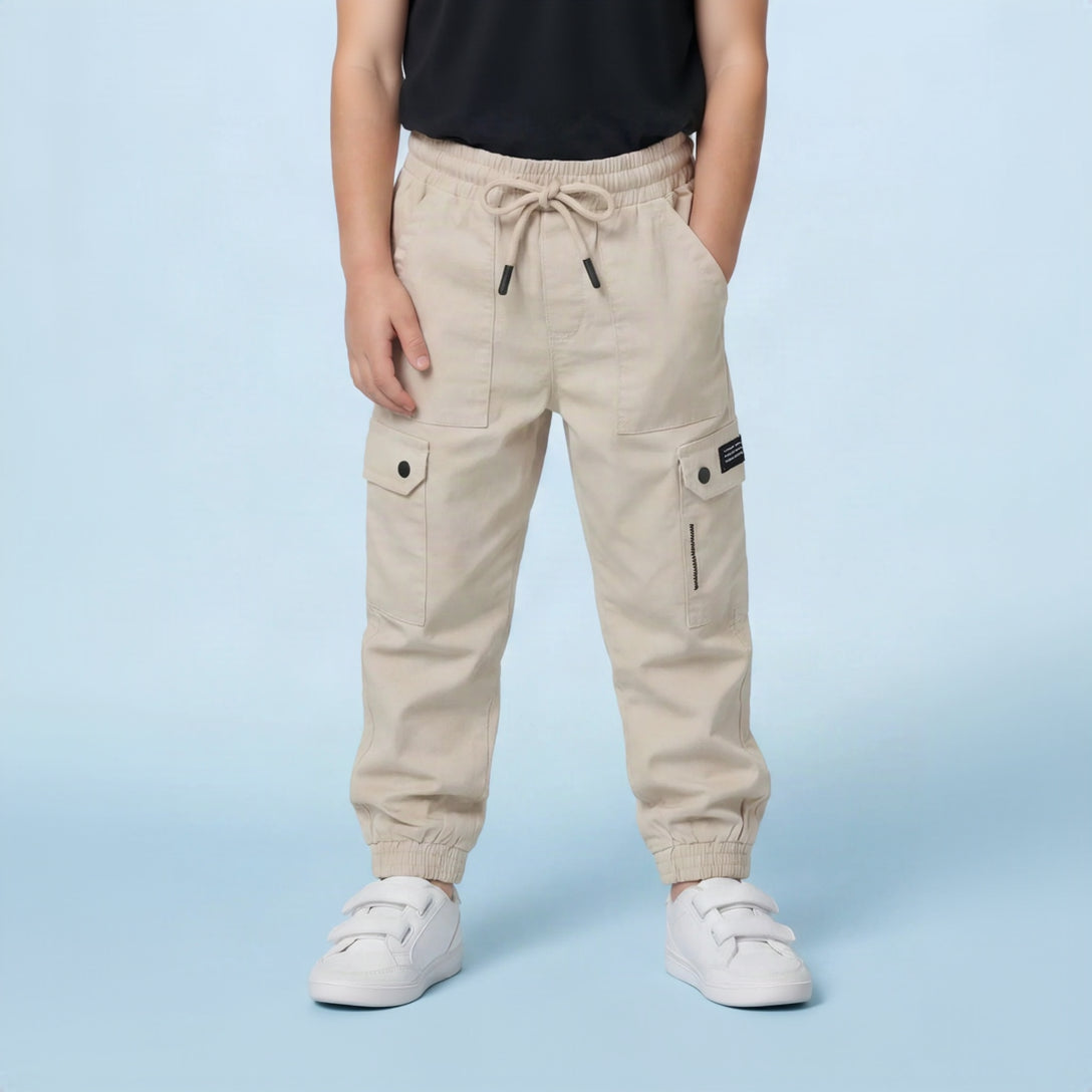 Boys Beige 6-Pocket Cargo Joggers