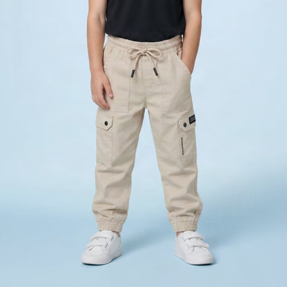 Boys Beige 6-Pocket Cargo Joggers
