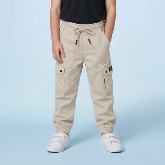Boys Beige 6-Pocket Cargo Joggers
