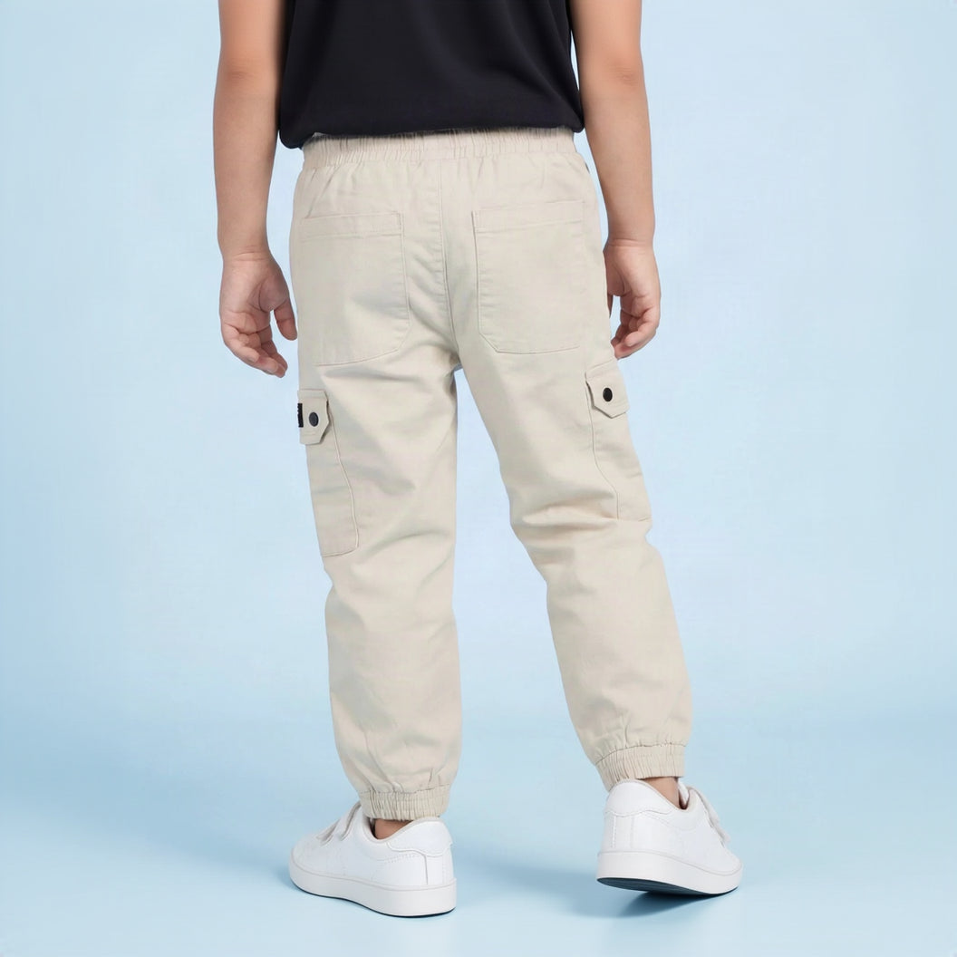 Boys Beige 6-Pocket Cargo Joggers