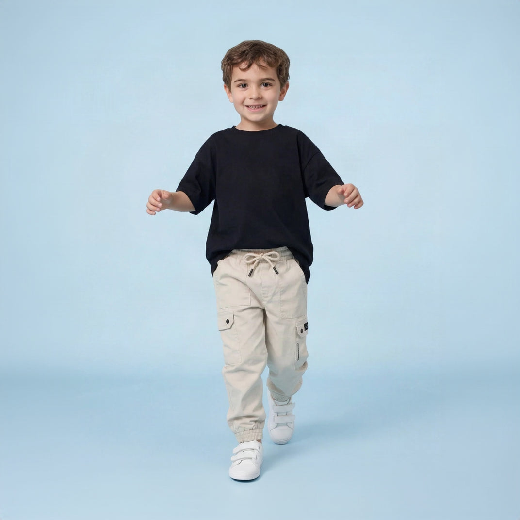 Boys Beige 6-Pocket Cargo Joggers