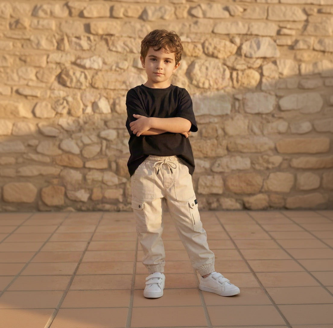 Boys Beige 6-Pocket Cargo Joggers