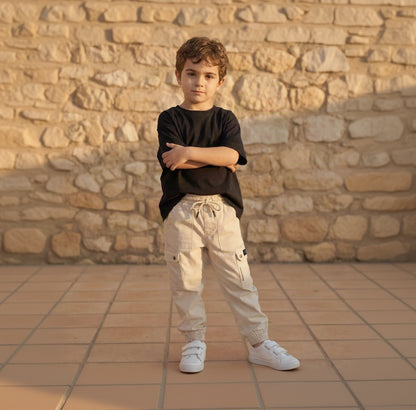 Boys Beige 6-Pocket Cargo Joggers