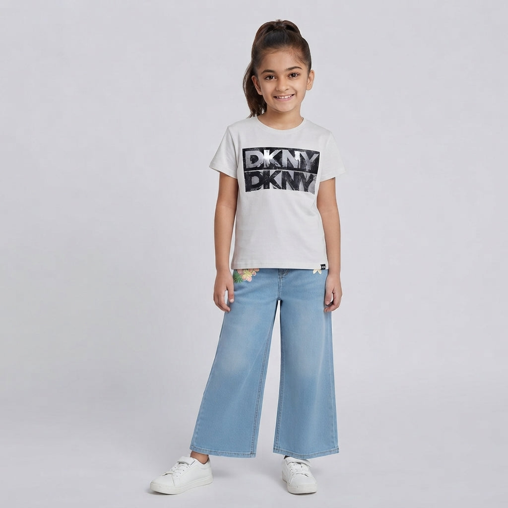 Girls 2 piece Set - DKNY Logo White Tee & Embroidered Wide-Leg Set