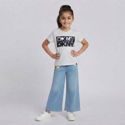 Girls 2 piece Set - DKNY Logo White Tee & Embroidered Wide-Leg Set