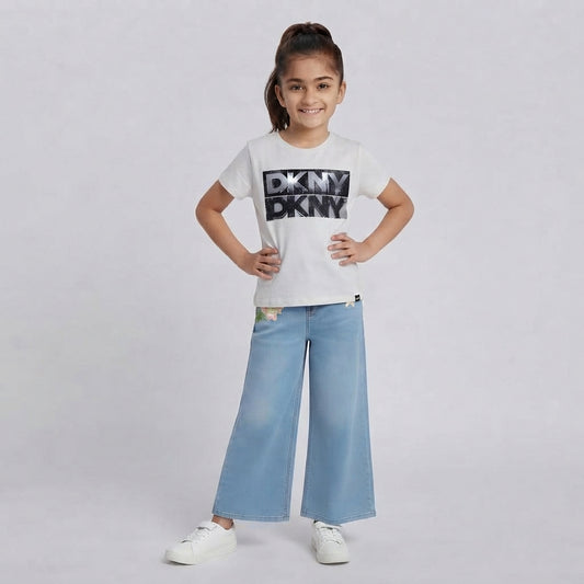 Girls 2 piece Set - DKNY Logo White Tee & Embroidered Wide-Leg Set