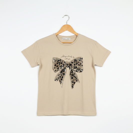 Leopard Bow Graphic Tee – Beige
