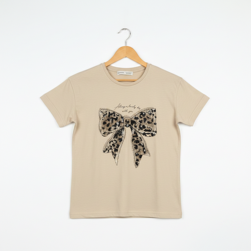Leopard Bow Graphic Tee – Beige
