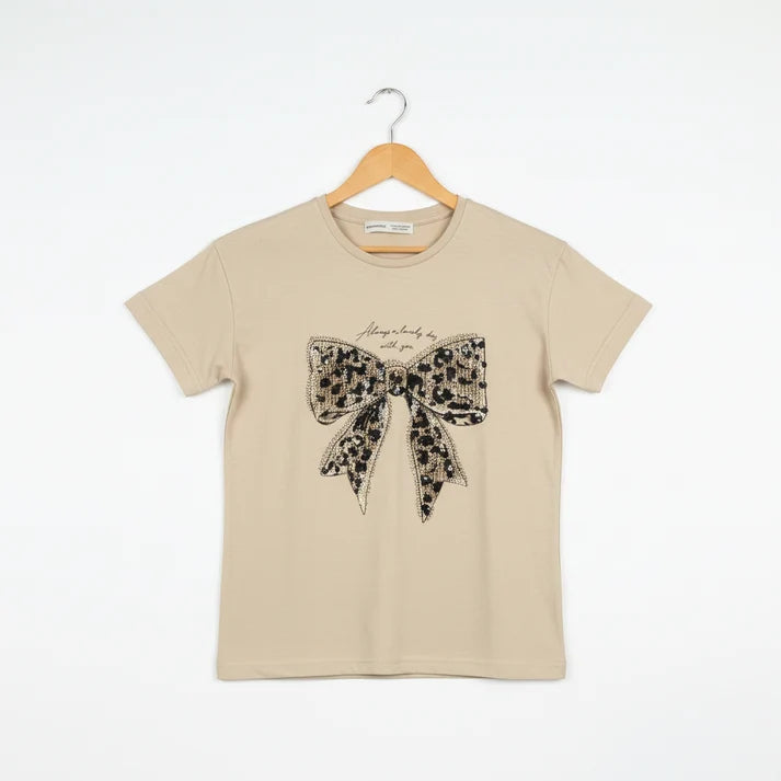 Girls 2 piece Set - Beige Leopard Bow T-Shirt & Floral Embroidered Wide-Leg Denim Set