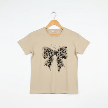 Girls 2 piece Set - Beige Leopard Bow T-Shirt & Floral Embroidered Wide-Leg Denim Set