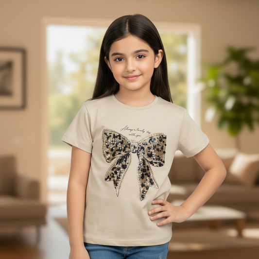 Leopard Bow Graphic Tee – Beige