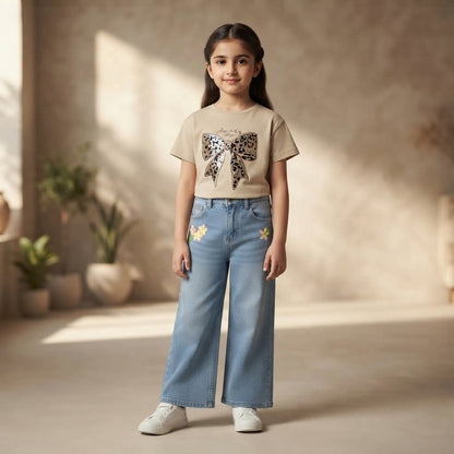 Girls 2 piece Set - Beige Leopard Bow T-Shirt & Floral Embroidered Wide-Leg Denim Set