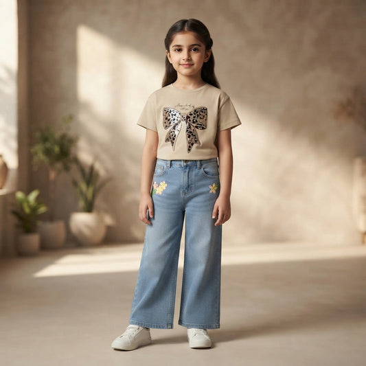 Girls 2 piece Set - Beige Leopard Bow T-Shirt & Floral Embroidered Wide-Leg Denim Set