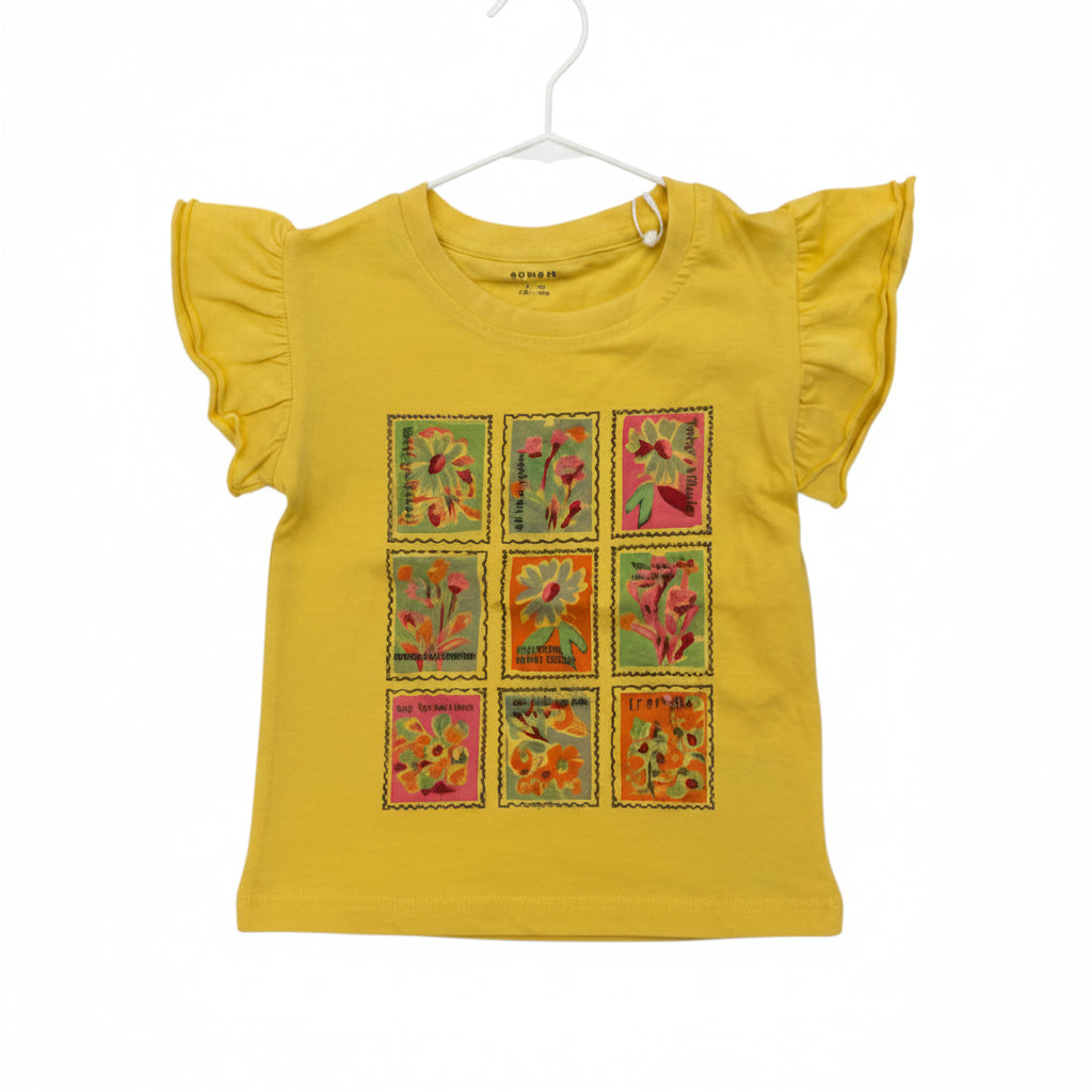 Name It - Girls Yellow Ruffle-Sleeve Botanical Stamp T-Shirt