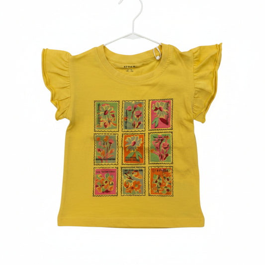 Name It - Girls Yellow Ruffle-Sleeve Botanical Stamp T-Shirt