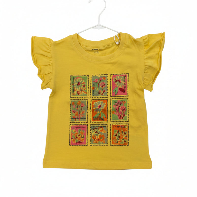 Name It - Girls Yellow Ruffle-Sleeve Botanical Stamp T-Shirt