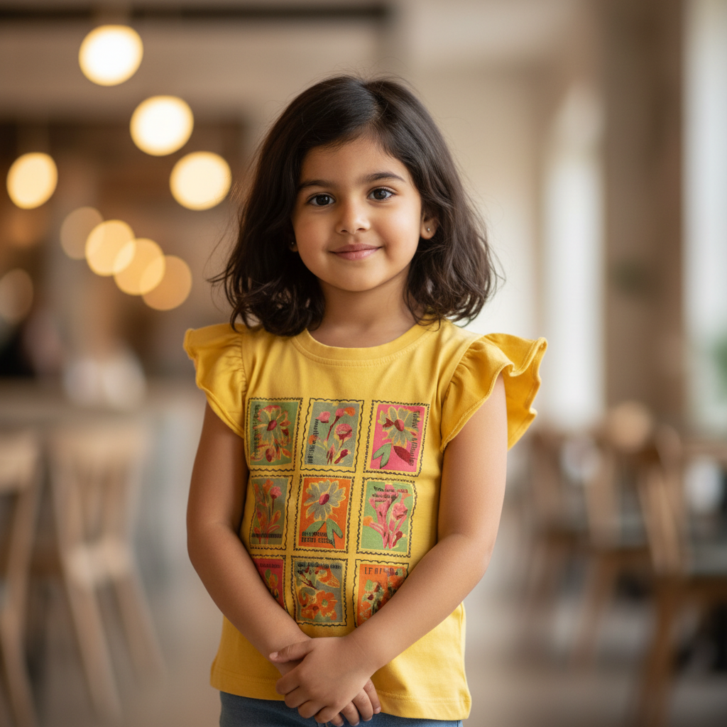 Name It - Girls Yellow Ruffle-Sleeve Botanical Stamp T-Shirt