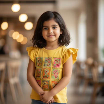 Name It - Girls Yellow Ruffle-Sleeve Botanical Stamp T-Shirt