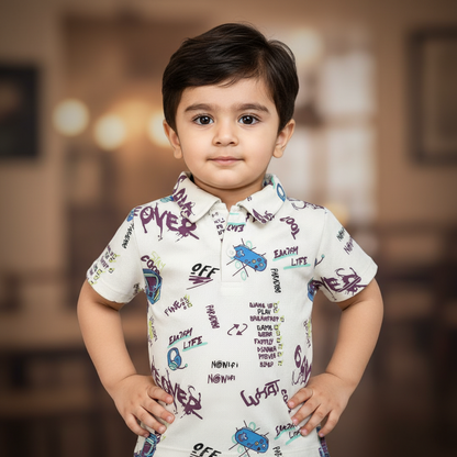 Boys "Game Over" Graffiti Print Polo Shirt